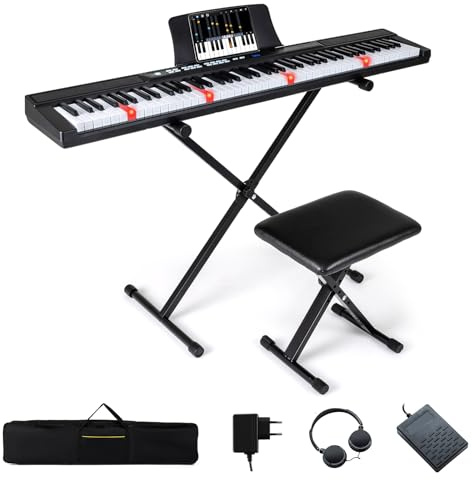COSTWAY Teclado de Piano 88 Teclas, Piano Electrico con Soporte Ajustable y Taburete, Teclado Musical de Tamaño Completo, Teclas Iluminadas, Función MIDI, Pedal para Principiantes, Adultos (Negro)