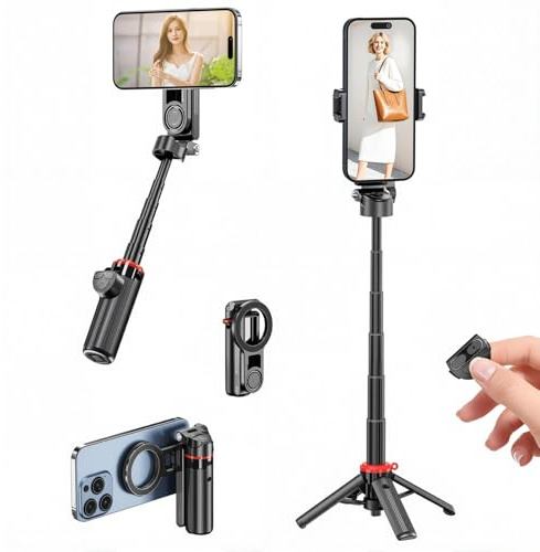 YipuVR Magnetischer Mini-Selfie-Stick, 360° verstellbar, magnetisches Selfie-Stick-Stativ mit Fernbedienung und Zoom-Steuerung, tragbares magnetisches Telefonstativ mit Handy-Clip für Reisen, Vlog (1