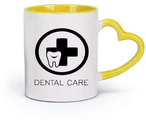 DEBINGY céramique Tasse à thé Logo de soins dentaires, dentiste, outils dentaires, tatouage, salle de bain (11oz/320ml) Adapté au micro-ondes Jaune