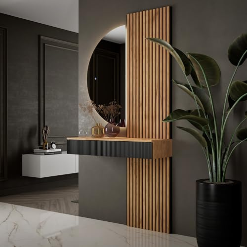 Planetmöbel Flurgarderobe Set Konsolentisch 100 cm | Spiegel mit Beleuchtung halbrund 50 x 100 cm, 2x Akustikpaneele 120 x 50 cm, Flur Möbel modern, gold eiche / schwarz
