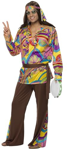 Smiffys Psychedelic Hippie Man Costume, Multi-Coloured with Trousers, Shirt, Headband and Belt, 1960's Groovy Fancy Dress, Adult Dress Up Costumes
