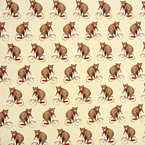Baumwollstoff Bettwäschestoff Percale Leinwandbindung Bär auf Fahrrad beige braun rot 1,4m Breite