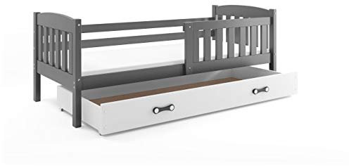 Einzelbett mit Bettkasten Giacomino, Farbe Grau, Kinderbett für Kinder in Kiefer massiv, Matratze in Schwamm GRATIS. 200x90