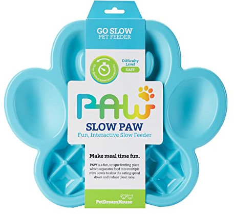 PetDreamHouse PAW Dog Slow Feeder Bowl, Puppies or Cats Plate Food Treats Controls Fast Eating Anti Bloating-Blue