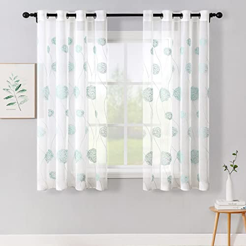 MIULEE Vorhänge mit Florales Stickerei, Gardinen Weiß mit Blau Muste für Wohnzimmer, Schlafzimmer Vorhang Transparent mit Ösen, 2er Set Voile Blumen Durchsichtig Vorhänge, Jeder H 145 X B 140cm