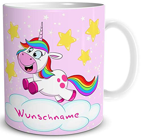 TRIOSK Tasse Einhorn mit Namen personalisiert Unicorn Pferd im Galopp lustig Geschenk für Einhornfans Frauen Mädchen Kinder Geburtstag Rosa