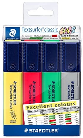 STAEDTLER Textsurfer classic, Textmarker (hohe Qualität Made in Germany, mit großem Tintenspeicher, Etui mit 4 Excellent colours, auch zum Hervorheben von Tabellenauswertungen), 364 CWP4-X
