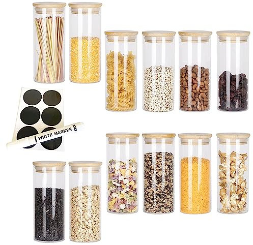 ORNAMI Small Glass Food Jar with Natural Bamboo Lid and Silicone Ring for Airtight Sealing, Little Clear Canister Jar for Kitchen Storage, for Grains, Seeds, Salt, Pepper, Spices - Set of 12 (350ml)