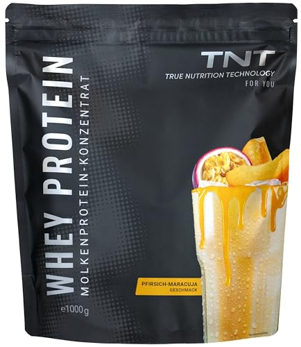 TNT Whey Protein Pulver - 1kg - Molkeprotein Konzentrat - Pfirsich-Maracuja | Eiweiß Shake mit EAAs & BCAAs - Mit Laktase - Für Muskelaufbau & -erhalt - Post-Workout-Shake - 22g Eiweiß pro Portion