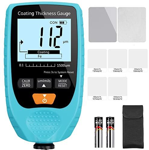 CAMWAY Schichtdickenmessgerät, Autolack-Dickenmessgerät mit LCD-Anzeige Hintergrundbeleuchtung, 0-1500μm Lackschichtenmesser Auto Fe & NF Sonde Lackmessgerät für Stahl- und Aluminium-Basismetallautos