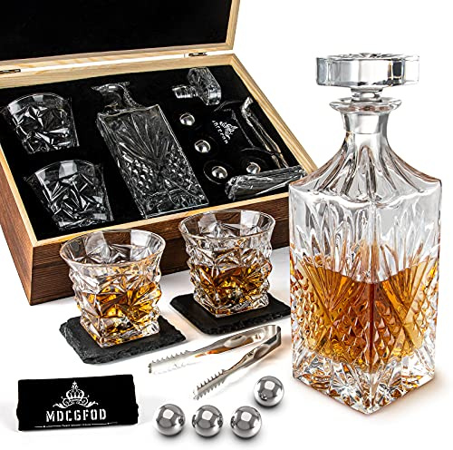 MDCGFOD Whiskey Set - 30oz Crystal Decanter, 2 Twisted Whiskey Glasses, 4 Stainless Steel Chilling Balls, Slate Coasters, Luxurious Wooden Box - Clear, Classic - 295.73ml