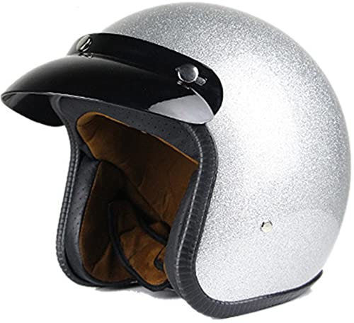 BaoFuStore Vintage Motorrad Jethelm, Erwachsene 3/4 Halbschale Motorradhelm, Glitzer Retro Moped Motorradhelm Neuheit Mode Für Roller Chopper Jet Pilot Bobber DOT/ECE,Silber,XL