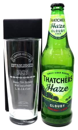 Personalised Pint Glass & Cider - Established Birthday Design (Thatchers Haze Somerset Cider, No Gift Box)