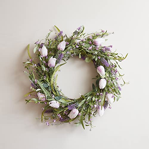 Lights4fun Lavendel Tulpen Kranz Frühlings Deko Türkranz Innenbereich 60cm Sommer Deko Muttertagsgeschenk