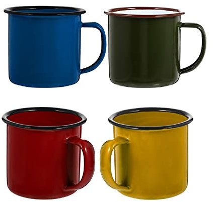 Tea Coffee Mug Set of 4, (350ml) 12oz Tea Enamel Mug Camp Drinking Cups, & Portable, Metal Cup with Handle for Indoors and Outdoors (Blue/Green/Red/Yellow)