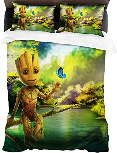 ANSSON Groot Kinder Bettwäsche Filmfans Bettbezüge & 2 Kissenbezug Mikrofaser Bettwäsche-Sets Weich 3-teilig Kids Geschenke I'm Groot (Groot1, 135x200cm+80x80cmx2)