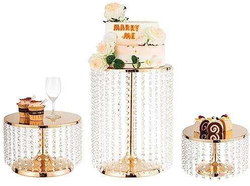 LoveCat Set di 3 alzate rotonde per torte nuziali, in metallo, con ciondolo in acrilico, per feste di compleanno, banchetti nuziali, anniversari, Natale, tè, dessert, colore oro