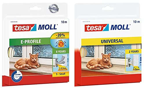 tesa E-Profil Gummidichtung & Universal Schaumstoff - Dichtung zum Isolieren von Spalten an Fenstern und Türen - Weiß - 10 m x 9 mm x 4 mm & 5,5 mm