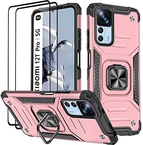 KANSi Hülle für Xiaomi 12T Pro/Xiaomi 12T, Schutzfolie [2 Stück] Silikon TPU Hart PC HandyHüllen 360 Grad Drehbar Ringhalter Bumper Stoßdämpfung Schutzhülle - Rosé Gold
