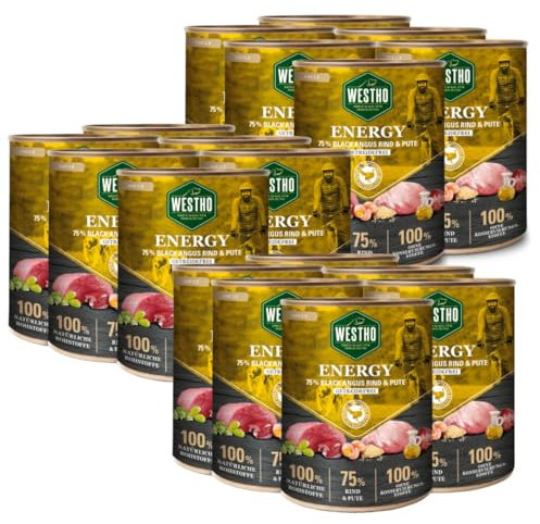WESTHO Nassfutter Energy Adult (18 x 800g) | 75% Black-Angus-Rind und Pute | Lebensmittelqualität | Getreidefrei | Für ausgewachsene Hunde | Premium HundeWESTHO Nassfutter mit extra viel Fleisch