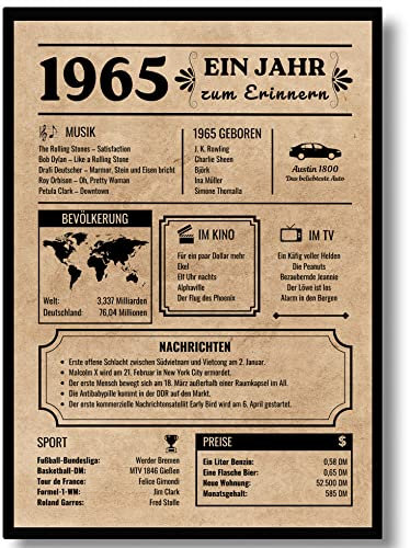 EQUIK PRODUCTS Jubiläumsposter 60 Jahre | Geburtstagskarte 1965 | Geburtstagsgeschenk für Männer und Frauen | Geburtsjahr 1965 | Vintage Poster | Dekoration und Geschenkidee | Zurück in 1965