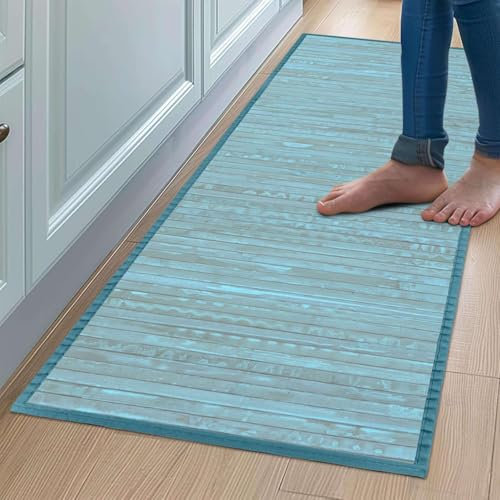 CosìCasa Tapis Cuisine Devant Évier en Bambou Antidérapant, Résistant à l'Eau 50x290 | Tapis de Bain en Bois Naturel pour Salle De Bain Effet Vintage avec Bords (Anis)