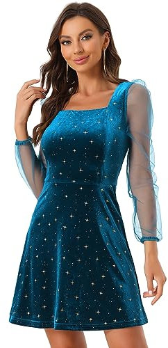 Allegra K Women's Mesh Sheer Puff Long Sleeve Square Neck Glitter Star Mini Velvet Dress Dark Blue M