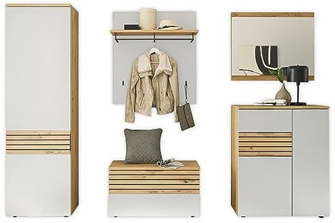 MILAN Flurgarderoben Set in Weiß, Artisan Eiche Optik - Modernes Garderobenset 5-teilig für Ihren Eingangsbereich - 290 x 200 x 38 cm (B/H/T)