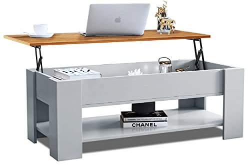 Blisswood Coffee Table, Lift Up Coffee Table For Living Room, Wooden Coffee Tables With Storage Large Hidden Storage Lift-Top With 1 Shelf Sofa End Tea Table, Grey + Pine, 120x60x(49.5-62.5) H cm