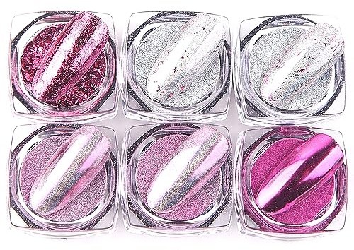 EnMart Set di 6 cipria per nail art, colore rosa, effetto metallizzato, per nail fai da te, per il viso, il trucco, la decorazione
