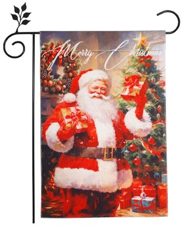 Drapeau de Jardin de Noël, 46x31,5cm Thème Merry Christmas Drapeaux Décoratifs Double Face Drapeaux de Noël Drapeau de Porte en Toile de Jute pour l'Extérieur Pelouse Décoration (Père Noël)