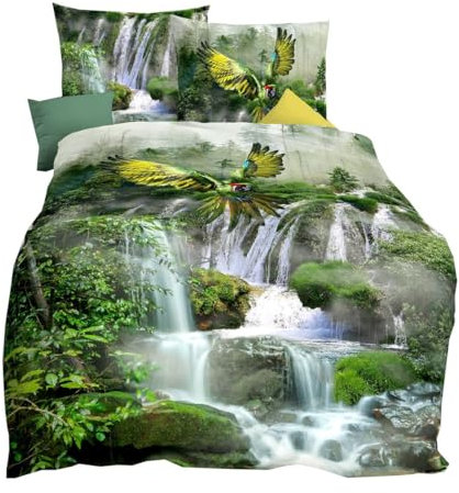 JACK by Kaeppel Mako Satin Digitaldruck Bettwäsche 2 TLG. Wasserfall Papagei Dschungel Regenwald Waterfall, Größe:155x220cm Bettwäsche