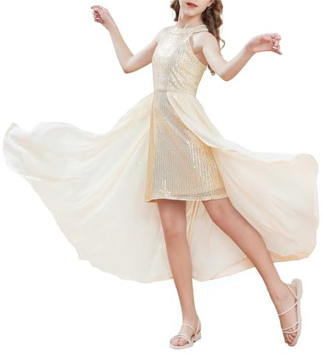 Party Cocktail Mädchen Süßes Elegant Ärmellos Partykleid Solid Farbe A-Linien Neckholder Cocktailkleid Glänzendes Pailletten Kleid Gold 6-7 Jahre