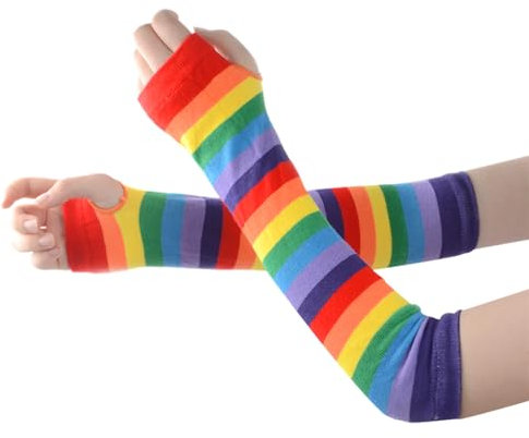 CYNOSURETECH 1 Pair of Colorful Striped Sleeves, Arm Warmers, Fingerless Gloves, Fashionable Rainbow Sleeves for Women, Party Dress Gloves, Carnival Rainbow Costumes