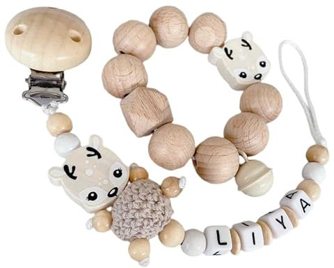 2er Set personalisierte Kette mit Namen Wunschnamen Holz Name | Handmade Babygeschenk zur Geburt für neugeborene (Reh Natur Holz Sand Set)