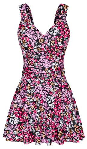 GRACE KARIN Women's One Piece Swimdress with Skirt Vneck Swimwear Tummy Control Rose Red Flower on Black L