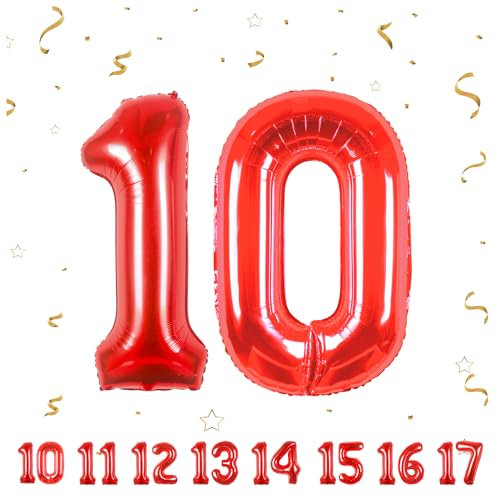 10 Geburtstag Deko zahlen luftballon 10 jahre | Folienballon Rot - für 10. Geburtstagsdeko Männer Frauen Ballon Zahl Deko zum Geburtstag fliegt mit Helium 10.Geburtstagsparty 40-101cm