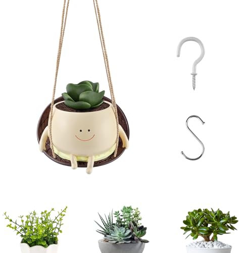 CMANLNYK Swing Hanging Face Planter Pot - Resin Cute Plant Pot Smile Face Flower Pot for Succulent Planter Pet for Garden Indoor Outdoor Home Office Decor Gift (Small Size)