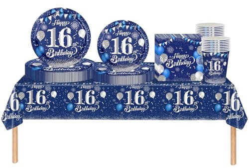 69pcs Navy Silver 16th Birthday Decorations for Boys Girls,16th Birthday Tableware Tablecloth Paper Plates Napkins Serviettes and Cups for 16th Birthday Table Decoration for Him,Her 16th Birthday Gift