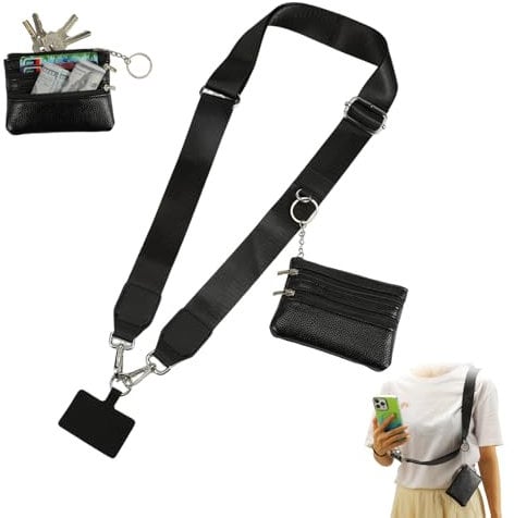 Clip and Go Phone Strap with Zippered Wallet Pouch, Cross Body Phone String with Adjustable Lanyard Charm for Women (Black)