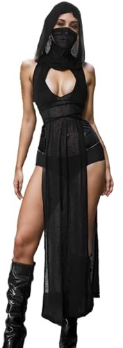 Aucute Damen Sexy Durchsichtiges Gothic Kleid mit Kapuze, Kragen Hals ärmelloses Halloween Kostüm EDM Festival Rave Outfit Schwarze, L