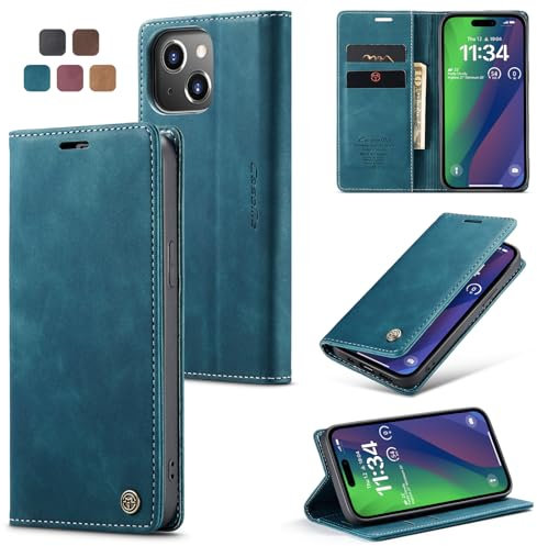 Cracedily for iPhone 15 Case, Wallet Case Flip Leather with Card Holder Magnetic Closure Shockproof Kickstand Protective Phone Cases Cover for iPhone 15, Blue-Green