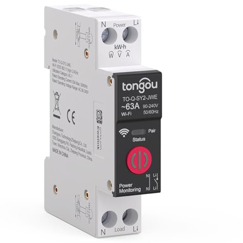TONGOU Interruptor Medidor Energia 63A/230 vac, DIY Interruptor Inteligente WiFi con eWelink APP, Medición de Consumo de Energía y Protección Contra Sobrecargas