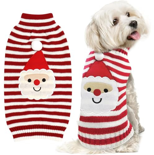 VFY Hundepullover Weihnachten, Weihnachtsmann Strickpullover Hunde, Weiß M | Weihnachtsoutfit Gestreift mit Pompon für Hund, Rollkragen Ärmellos, Winter Warme Kleidung für Kleine Mittlere Große Hunde