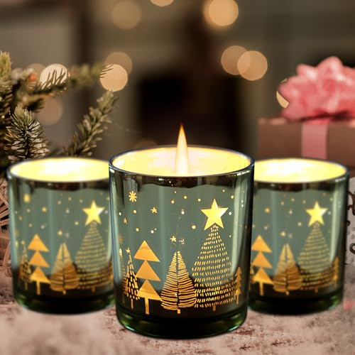 ACAREY Weihnachtsdeko Teelichthalter Kerzenhalter, 3 Stück Weihnachten Windlicht Glas Grün Teelichthalter Kerzengläser, Weihnachtsgläser Für Weihnachtsdeko Tisch, Weihnachtsdeko Innen (Baum)