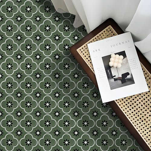 Alwayspon 20Pcs 8inch/20cm Retro Green Waterproof Non-slip Floor Tiles Decal for Kitchen Bathroom Living Room, Vinyl Flooring Self-adhesive Peel and Stick Vinyl Sticker, T1231