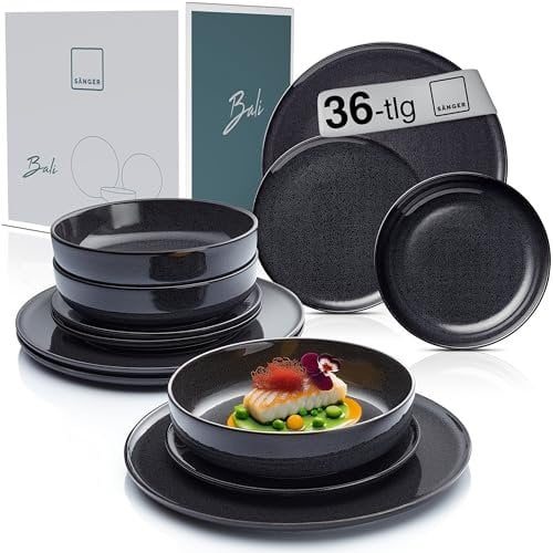 SÄNGER | Teller Set Bali 36 tlg, Geschirrset 12 Personen, Porzellan Teller, Essgeschirr inkl. Speiseteller Kuchenteller & Tiefe Teller, Essteller, Tafelservice Dunkel Grau mit Dunkler Maserung