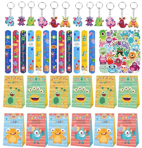 86PCS Monster Party Mitgebsel Set,Monster Theme Party Geschenke,Monster Geburtstag Party Zubehör Mit Schnapparmbänder Schlüsselanhänger Geschenktüten Aufkleber, Fur Kindergeburtstag Junge Mädchen