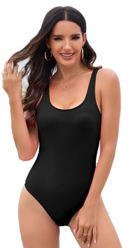 MENGTEQI Costume Intero Donna, con Coppe Imbottite, Linea Snellente con Addominali, Lifting dei Fianchi e Protezione UV. (Black,S)