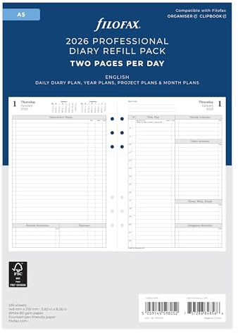 Filofax A5-TM7031 Terminplaner 2026, Tagesansicht, Englisch